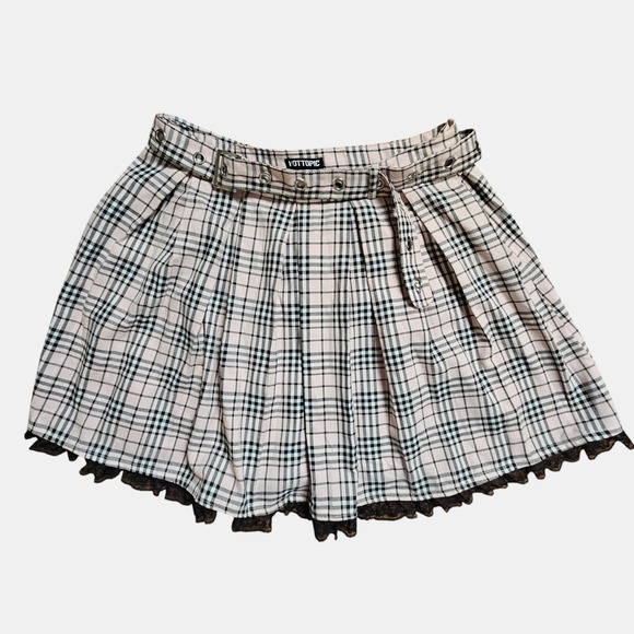 Hot Topic Plaid Grommet Belted Skirt‎ XL Pink Pleated Punk Grunge Academia Goth - Picture 1 of 8